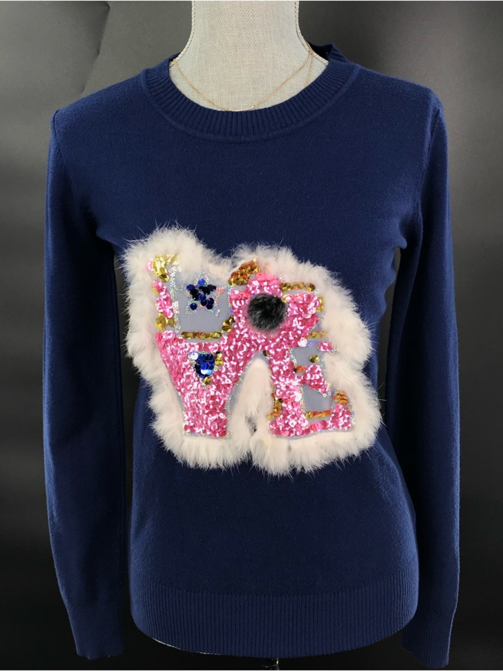 Emily Stacy Navy Sweater with Pink Sequin & Fur 'LOVE' Patch